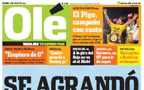 Tapa de Diario Olé del 04/07/2008